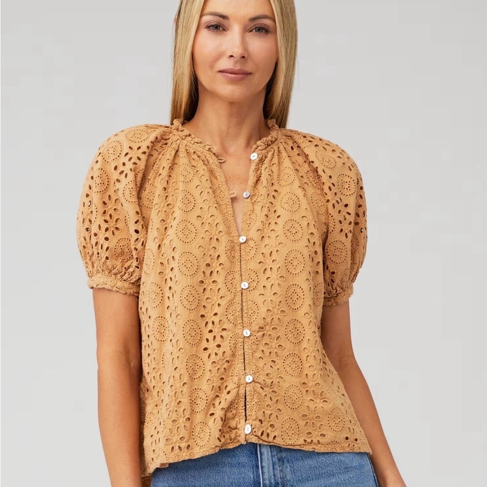 Cleobella Tan Eyelet Button-Front Puff Sleeve Blouse